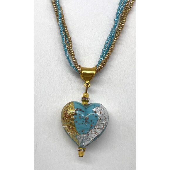 Venetian Glass Heart Pendant Necklace Gold Blue Clear Beaded 24”  Lobster Clasp - Picture 3 of 7